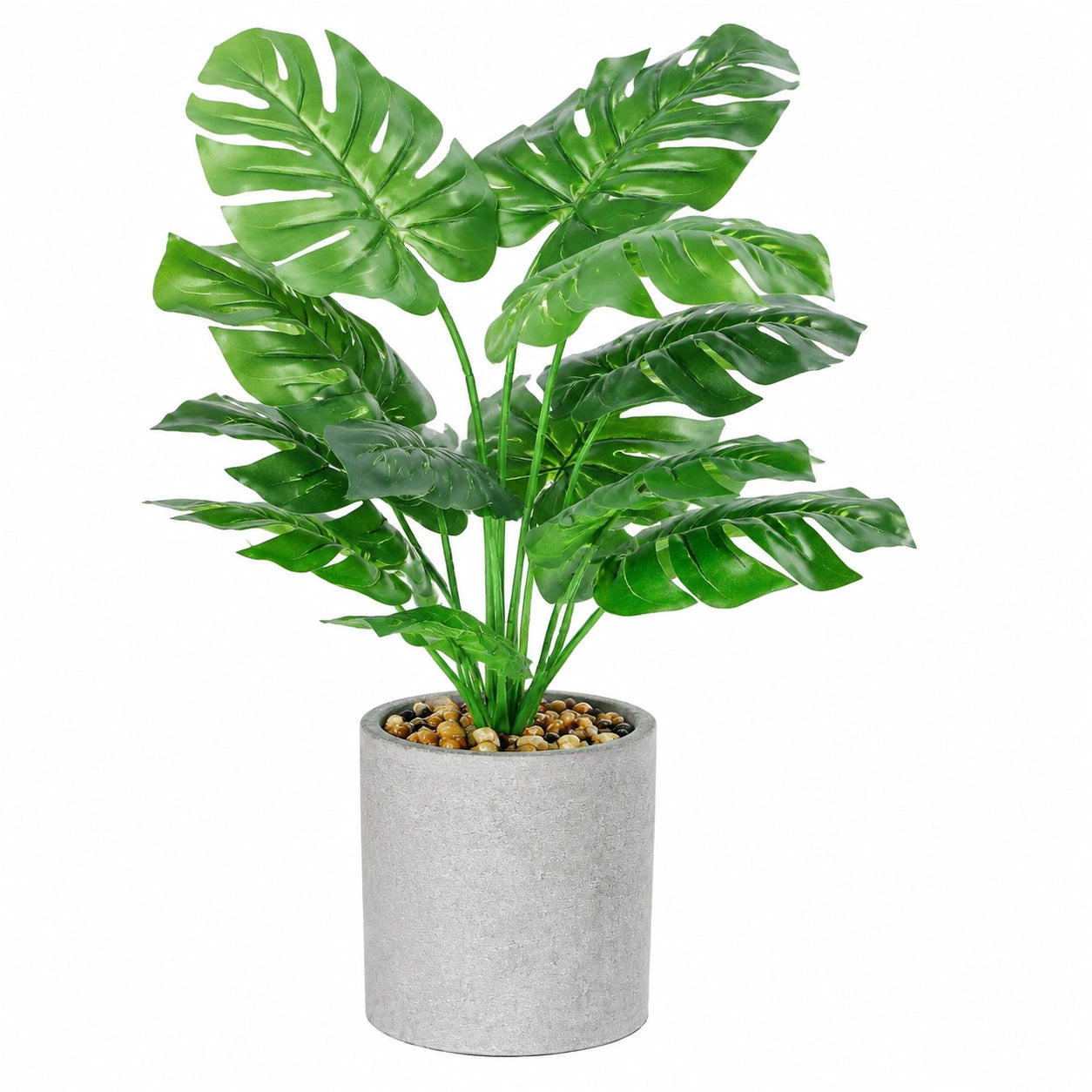 Pianta Artificiale Monstera con Vaso Decorativo e Sassi Verde