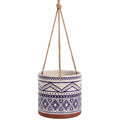 Vaso Sospeso in Ceramica Decorato Blu e Bianco con Corda, 20x18 cm
