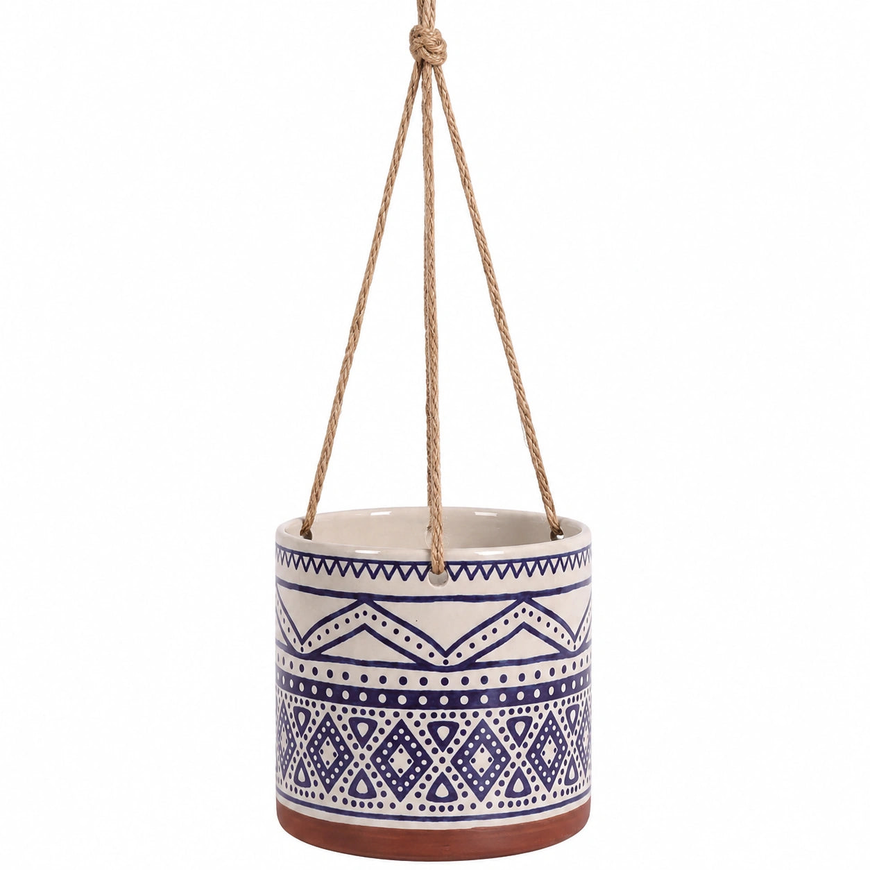 Vaso Sospeso in Ceramica Decorato Blu e Bianco con Corda, 20x18 cm
