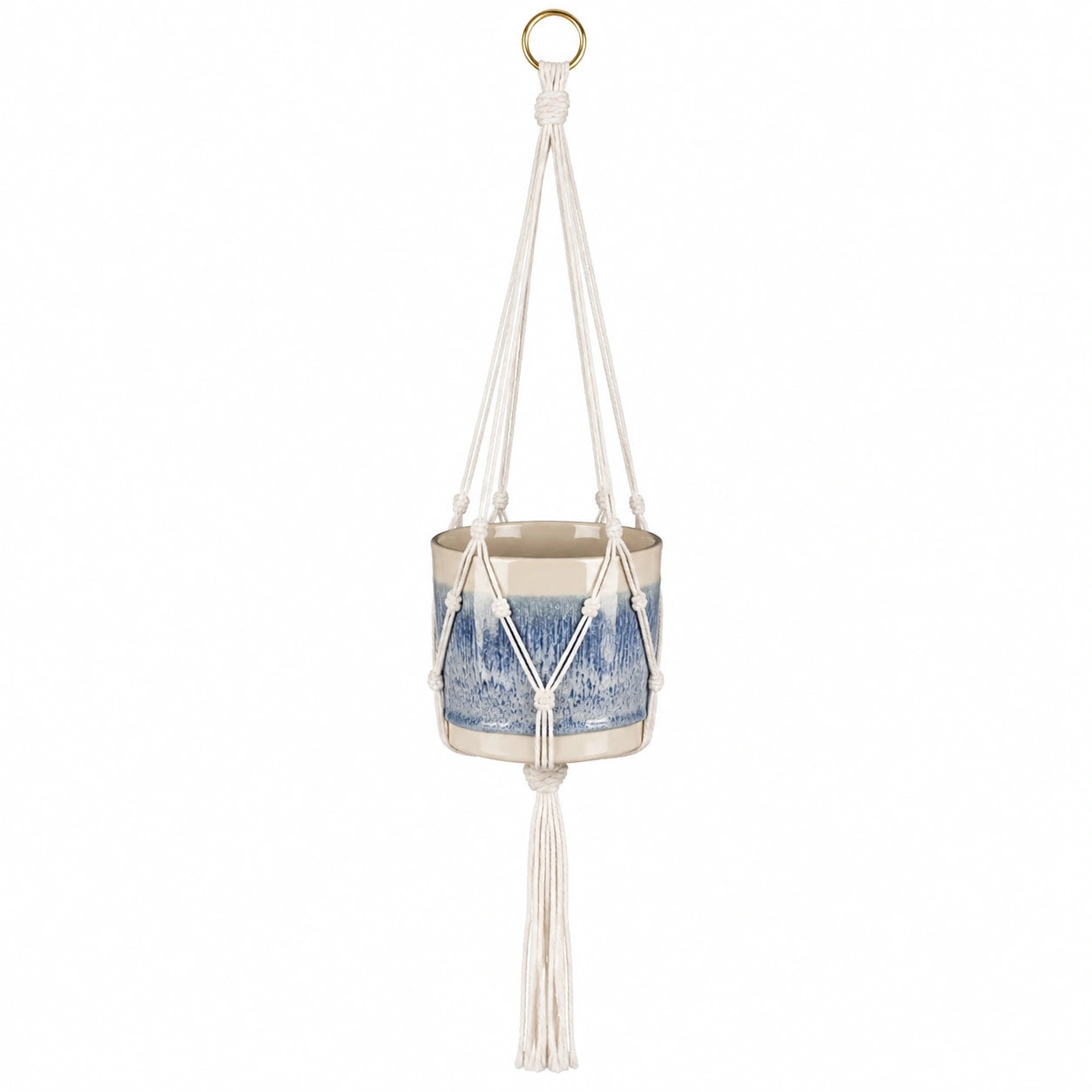 Vaso sospeso in ceramica bianco e blu con corda macramè