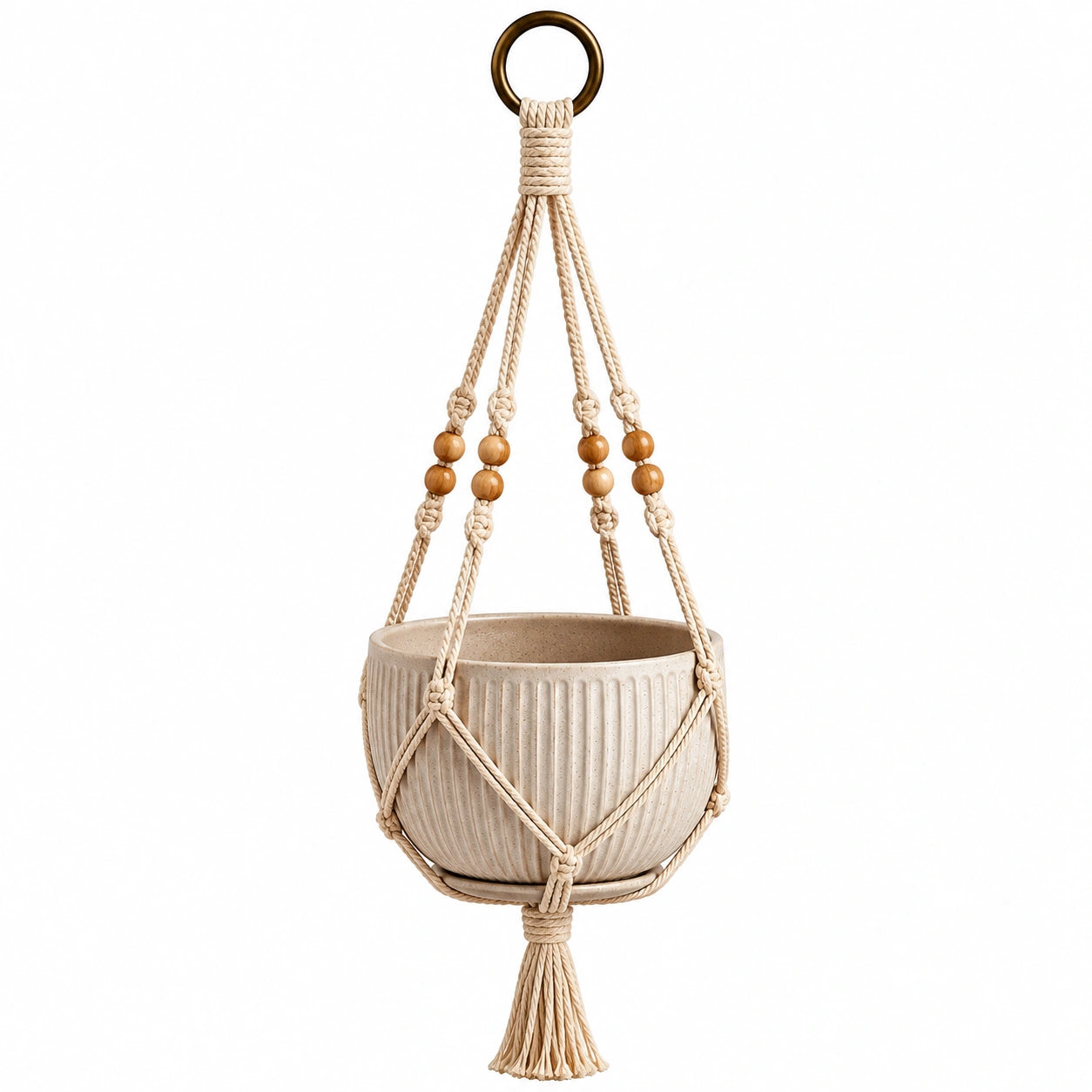 Portavaso Sospeso in Macramè con Perline Beige